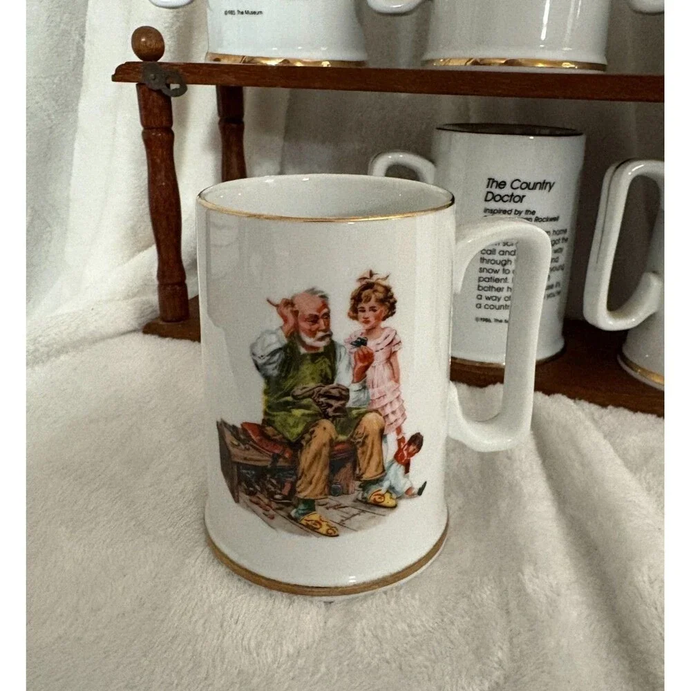Vintage Norman Rockwell 1985-86 Mugs & Wooden Holder